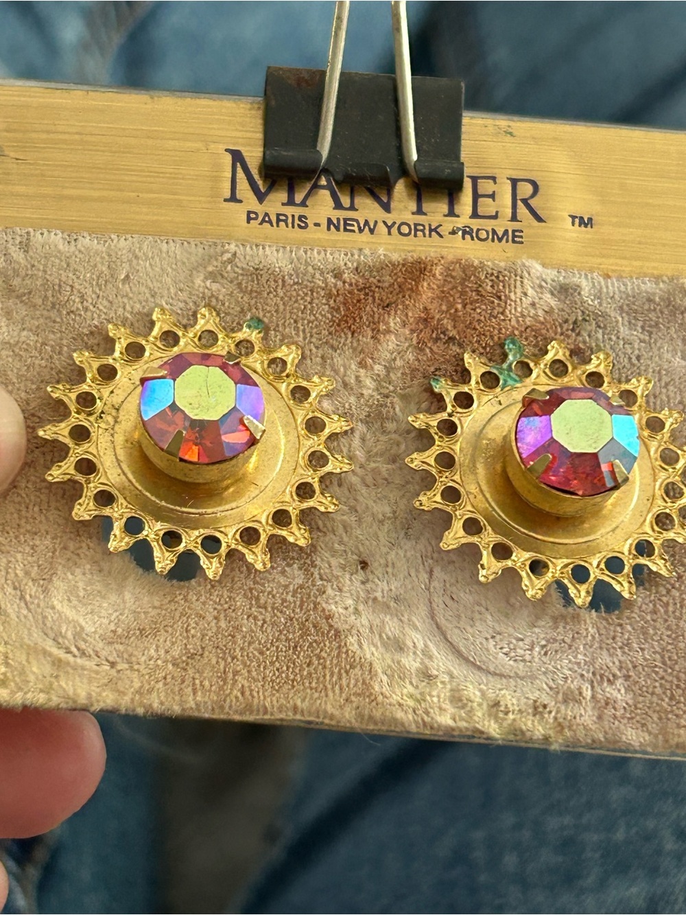 4/$50 Gold-Tone Sunburst Earrings with Pink Aurora Rhinestones - Picture 2 of 5